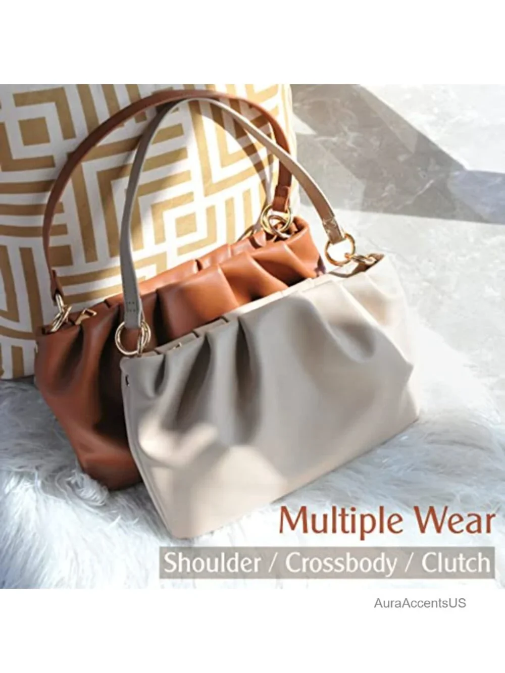 Ruched Hobo Bag Cloud Pouch Convertible Clutch Crossbody Vegan Leather